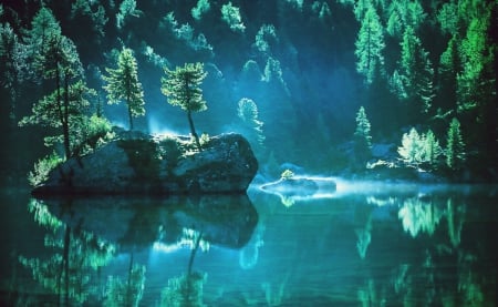 Morning Lights - trees, fog, beautiful, island, forest, reflection, mountain, green, lake