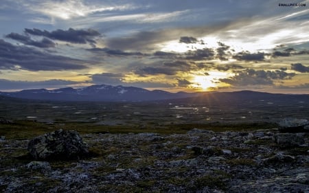 Sunset at mountain - fields, nature, forces of nature, landscape, mountain, sunset