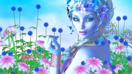 Among the Flowers - summer, flower, elven, spring, elf, sky, enchanted, fantasy, lady, floral, woman