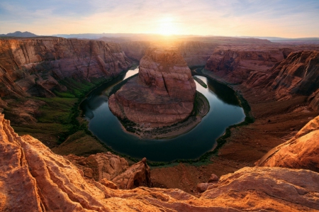 Horseshoe Sunrise - national park, erosion, arizona, horseshoe bend, geological structure, beautiful, grand canyon, meander, sunrise, colorado river, cliffs