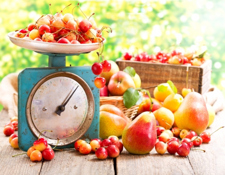 Fruits - cherries, bokeh, fruits, pears