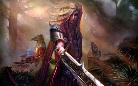 Elf warrior - sword, forest, fantasy, game, elf, girl, woman, art