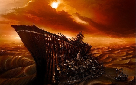 Fantasy ship - ruin, game, desert, ship, orange, art, sun