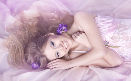 Beauty - woman, purple, girl, pink, smile, model, flower, blonde