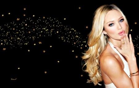 Candice Swanepoel - woman, stars, girl, blue eyes, black, model, kiss, by cehenot, fireflies, candice swanepoel, blonde