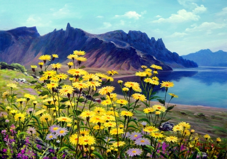 Lake flowers - lake, sky, landscape, mountain, hills, shore, coast, nature, painting, art, beautiful, flowers, lvoely, harmony