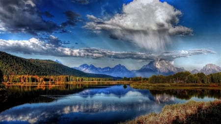 rain cloud over beautiful landscape hdr - reflections, lake, forest, clouds, rain, mountains, hdr