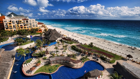 spectacular oceanside resort pool hdr - beach, clouds, hdr, pool, sea, resort, waves