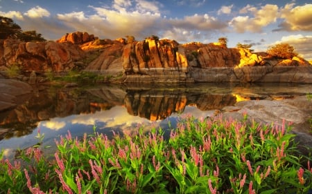 Watson lake - sky, clear, rocks, quiet, calmness, pretty, reflection, clouds, formations, lake, watson, lovely, serenity, nature, mirror, beautiful, flowers