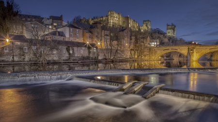 castle above a flowing river at night hdr - hill, falls, night, river, castle, city, hdr, bridge, lights