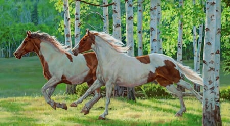 Horses in the mist - freedom, trees, animals, lovely, mist, run, painting, horses, art, forest, wild, beautiful, bunch, birch, grass