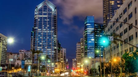 downtown san diego at night hdr - streets, lights, hdr, skyscrapers, city, night