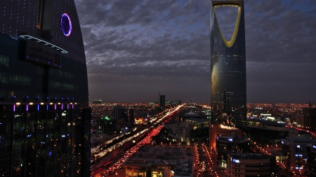 modern skyscrapers in riyadh saudi arabia - view, modern, city, night, skyscrapers, lights