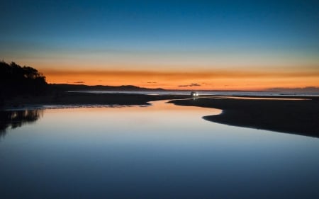 car on a beach at twilight - car, beach, pool, twilight, sea