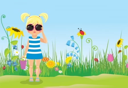 Little girl with sunglasses - kid, lawn, girl, summertime, summer, sunglasses, flowers