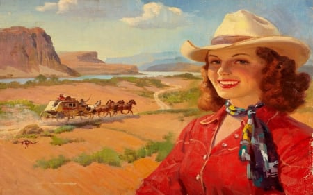 Cowgirl Art - women, style, fun, girls, westerns, hats, cowgirls, drawing, horses, art, stage coach, paintings