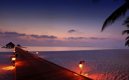 evening at tropic beach - hut, beach, sky, paradise, vacation, purple, evening, clouds, holiday, tropic, sand, skyphoenixx1, ocean, palms, summer, tropical, nature, pier, lamps, sea, lights