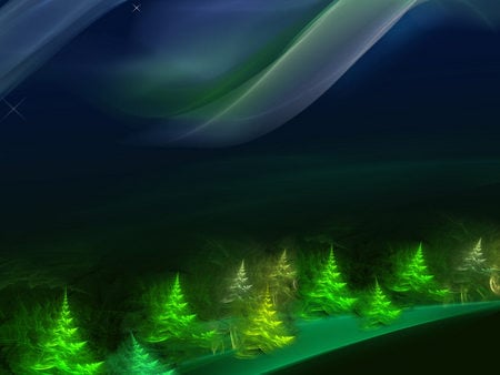 Glowing Aurora - aurora, trees, night, forest