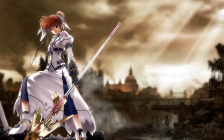 Nanoha Takamachi - battle, anime, destruction, weapon, magical girl lyrical nanoha