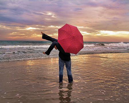 Eye Protected - people, sea, love, man, moment, umbrella, red, woman, couple