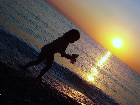 Little Sunshine - little, beach, sunset, sea, ocean, girl, waves, sunshine