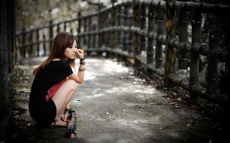 Thoughts - fall, path, gloomy, model, leaves, thoughts, wooden fence, autumn