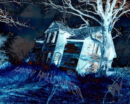 THE HAUNTED HOUSE - owl, house, halloween, haunted, tree, cat