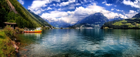 Lake Lucerne Panoramic, Switzerland - clouds, Alps, beautiful, boat, grass, city, forest, lake, mountains