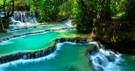 Kouangxi Falls, Laos - waterfalls, pools, beautiful, emerald color, forest, five levels, water curtain, foliage