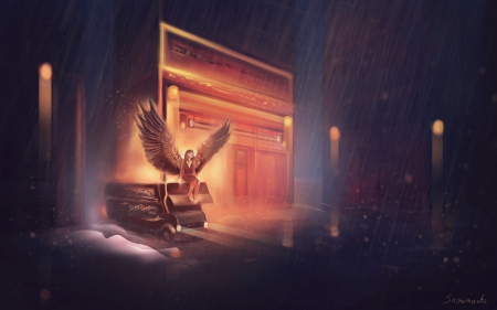 Angel - art, angel, rain, blue, orange, wings, fantasy