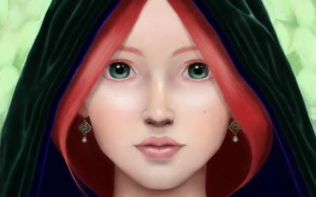 Redhead - face, portrait, fantasy, green eyes, girl, woman, redhead, art