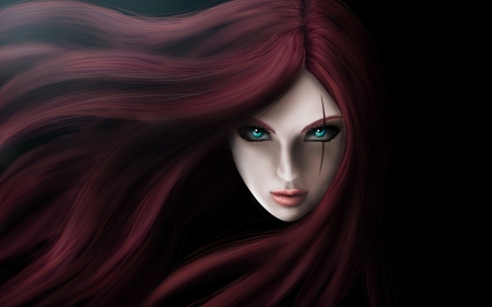 Redhead - woman, redhead, girl, eyes, vampire, fantasy, face, art, green, digita