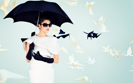 Have a nice day! - bird, elegant, blue, dress, girl, creative, black, white, umbrella, woman, model, situation, paper, sunglasses, gloves