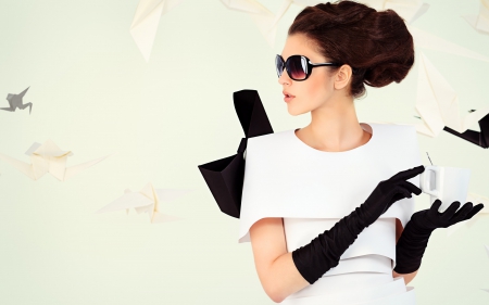 Have a great day! - mood, bird, blue, girl, black, white, woman, model, situation, paper, sunglasses, cup, gloves