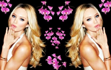 Candice Swanepoel - woman, girl, heart, orchid, black, model, kiss, pink, by cehenot, candice swanepoel, blonde, flower