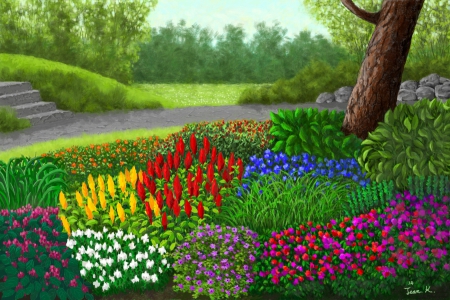 Flowers - forest, greenery, walk, flowers, grass, art, garden, freshness, trees, nature, painting, park, colorful