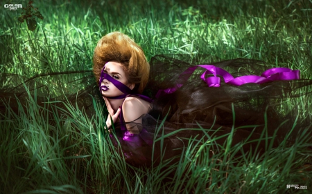 Color taste - purple dress, woman, beauty, color taste, lying on grass, green and purple