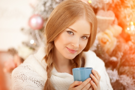 Beauty - heat, girl, eyes, braids, smile, gray-eyed, blonde, cup