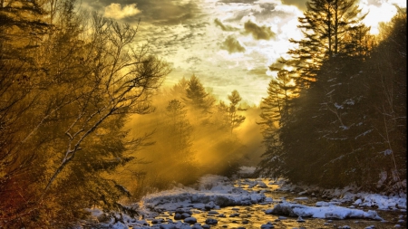 heavenly morning sun rays on a river in winter hdr - morning, rays, forest, river, fog, winter, hdr, rocks