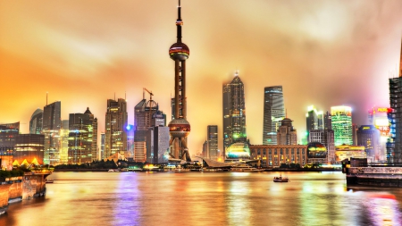 wonderful shanghai skyline hdr - clouds, city, hdr, tower, bay, dusk, skyscrapers