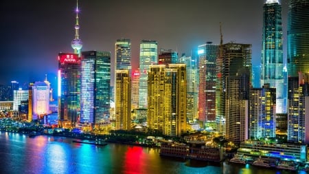 shanghai cityscape at night - city, night, waterfront, lights, skyscrapers