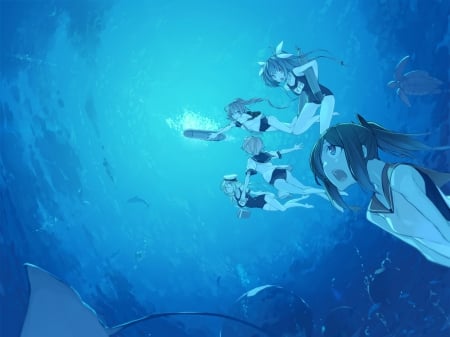 Kantai Collection - girls, ocean, swimming, animals, anime, group, kantai collection, underwater