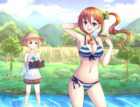 Let The Fun Begin!! - hat, anime, ponytail, water, summer, blonde, green eyes, brown hair, girls, bikini, navel, shorts, friends, blue eyes