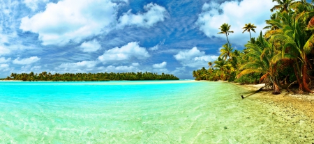 Paradise Island Beach - palm trees, beach, crystalline water, paradise, summer, tropical, cook island, beautiful, clouds, sand