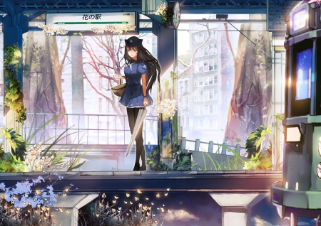 Flower ã® Eki - flower, maiden, beautiful, anime girl, girl, umbrella, lady, scenery, floral, petal, pretty, sblossom, beauty, sweet, anime, hd, dress, cg, long hair, butterfly, nice, lovely, black hair, scene, basket, female