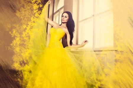 Butterflies - woman, yellow, butterflies, dress