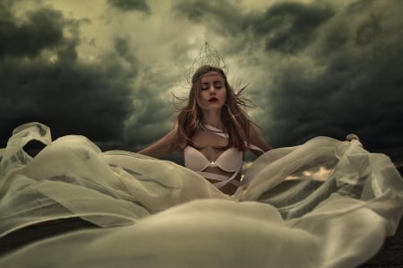 Storm - woman, clouds, wind, storm, dress