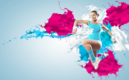 Colorful splash - blue, girl, creative, pink, fantasy, sport, white, woman, gym, splash