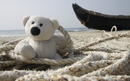 On the beach - summer, beach, boat, sea, sand, toy, bear, white, rope