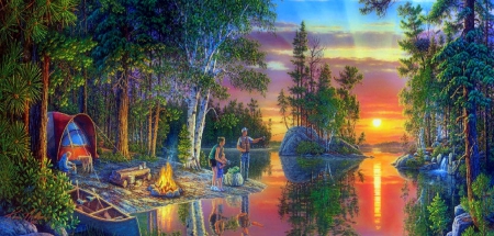 ★Camping at Sunset★ - camping, panoramic view, summer, attractions in dreams, scenery, creative pre-made, evening, sunsets, family, fire, landscapes, seasons, trees, beautiful, paintings, colors, boats, nature, bright, lakes, love four seasons